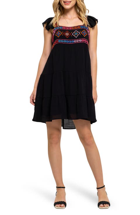 Embroidered Cap Sleeve Trapeze Dress