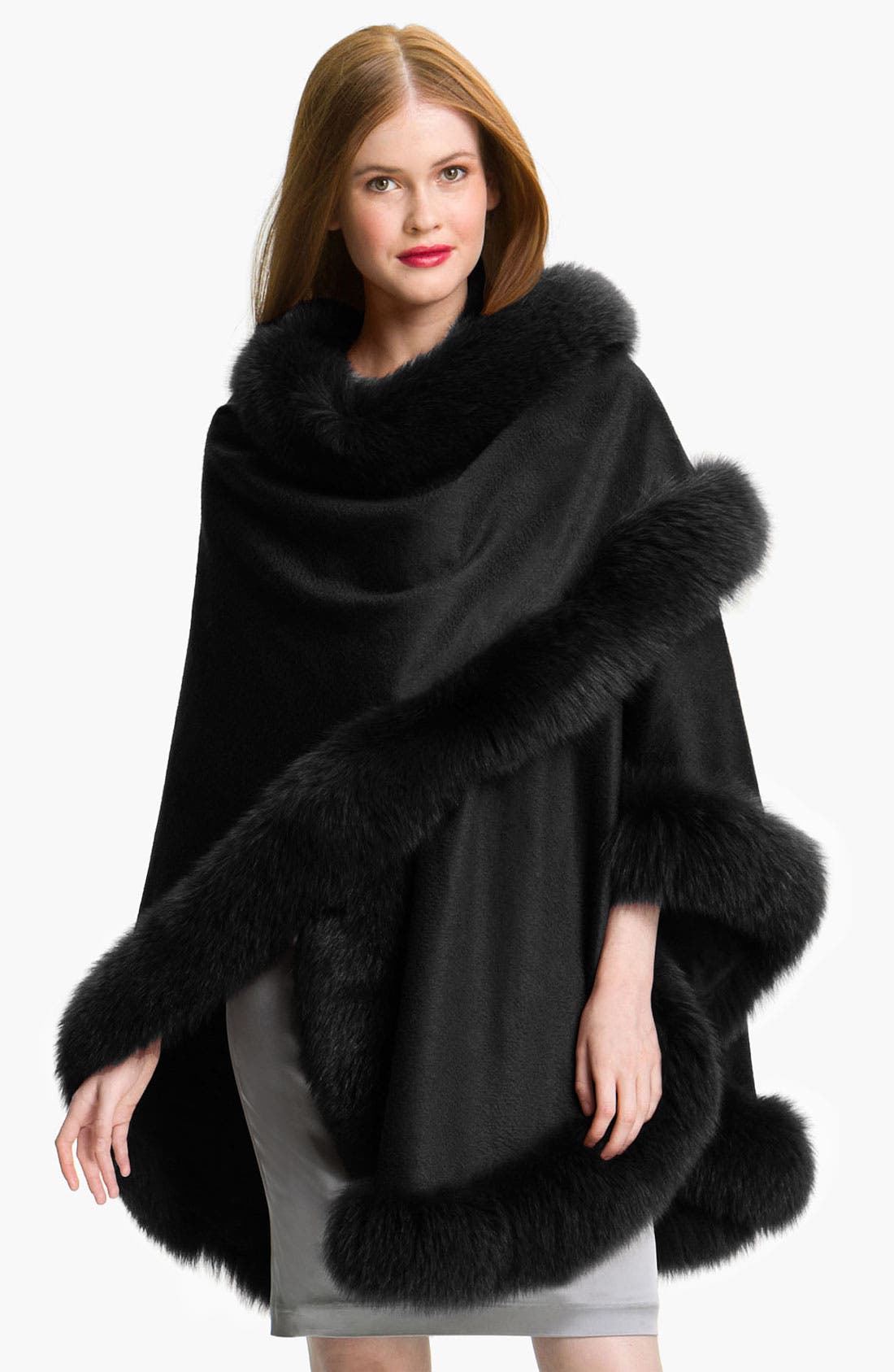 thumbnail image 2 of Burgundy Cashmere Cape Wrap With Fox Fur Trim – Women's Luxury Shawl 2 of 3