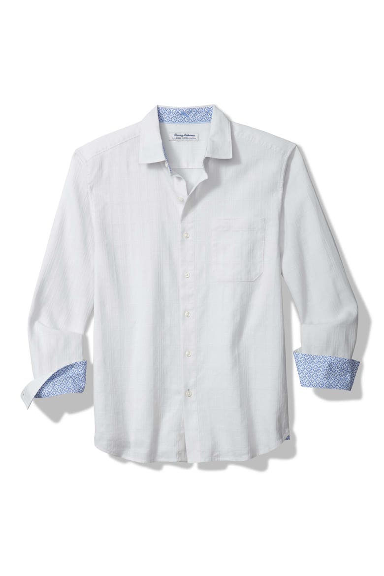 Barbados Breeze Playa Plaid Stretch Linen Blend Button-Up Shirt, Main, color, WHITE