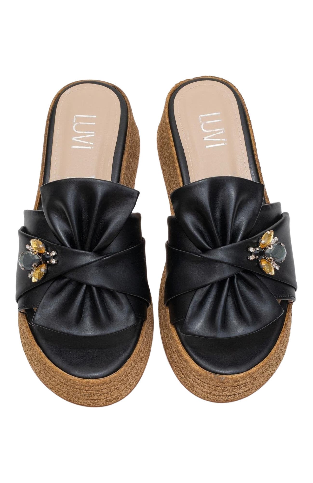 Prologue Shoes Shara Braided Bow & Bee Buckle Platform Sandal, Alternate, color, Black Faux Leather