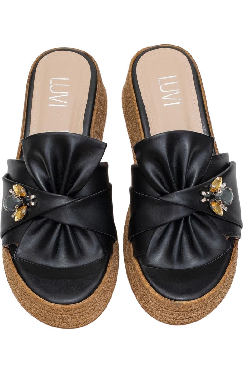Prologue Shoes Shara Braided Bow & Bee Buckle Platform Sandal, Alternate, color, Black Faux Leather