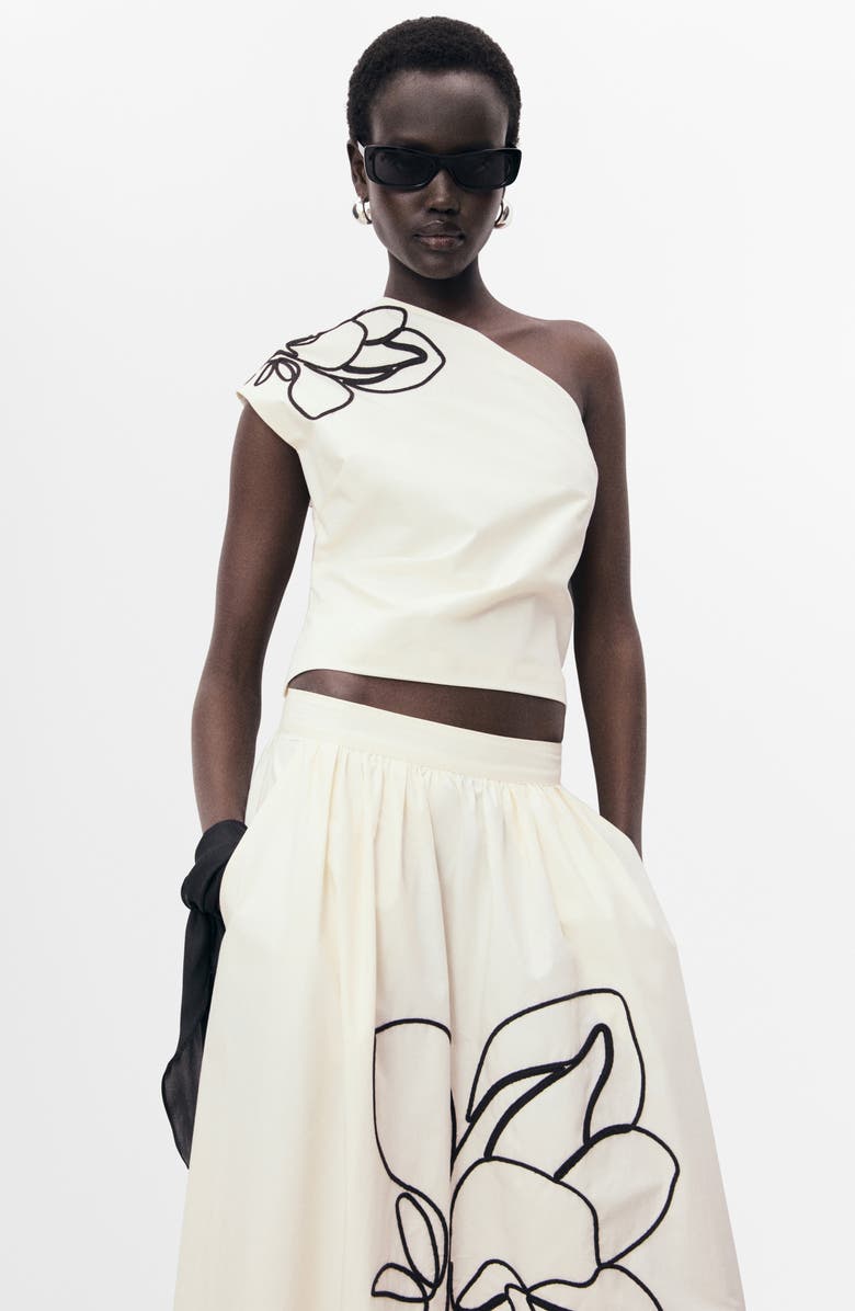 MANGO Floral Embroidery One-Shoulder Cotton Top, Alternate, color, Off White