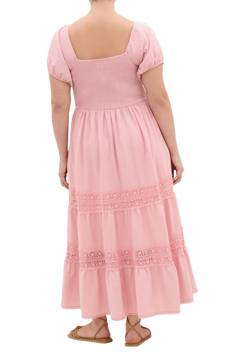 Haven Lace Trim Puff Sleeve Midi Dress, Alternate, color, PEACHY