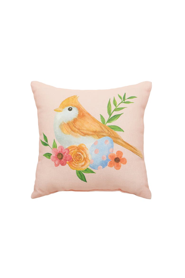 Bird & Flowers Cotton Blend HD Printed Mini Pink Accent Pillow 10" x 10", Main, color, Pink