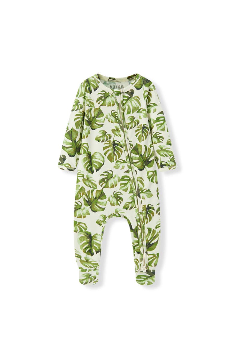 Milkbarn Cotton Stretch Zipper Footed Romper, Main, color, Island Leaf