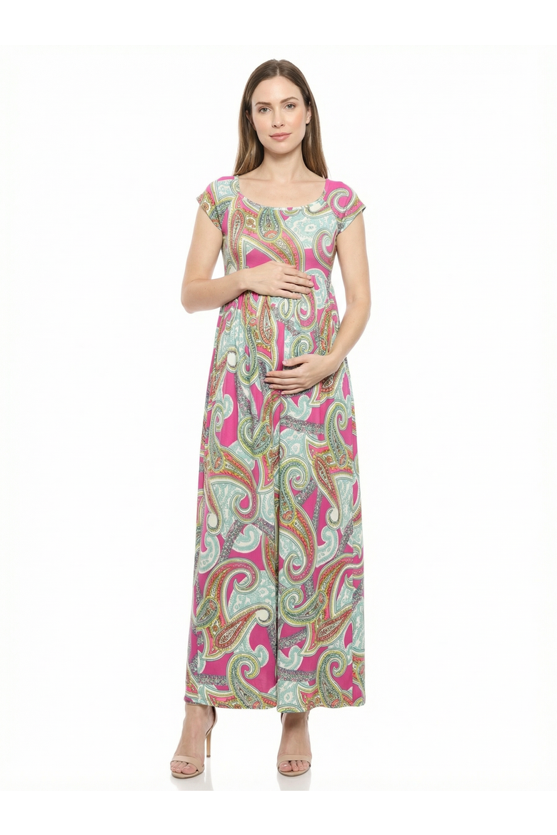 Maternity Paisley Square Neck Cap Sleeve Pleated A-Line Maxi Dress, Main, color, Pink Multi