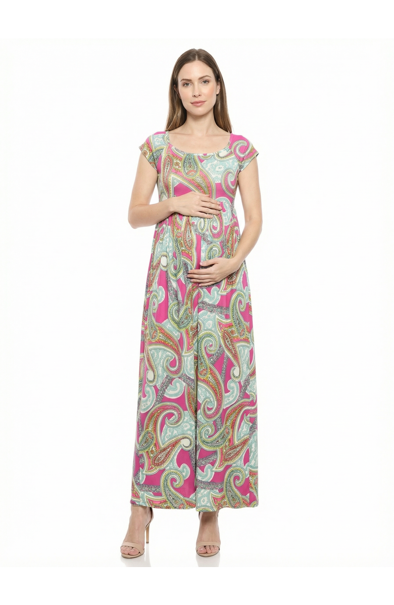 24seven Comfort Apparel Maternity Paisley Square Neck Cap Sleeve Pleated A-Line Maxi Dress, Main, color, Pink Multi