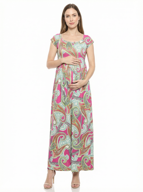 Maternity Paisley Square Neck Cap Sleeve Pleated A-Line Maxi Dress