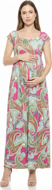24seven Comfort Apparel Maternity Paisley Square Neck Cap Sleeve Pleated A-Line Maxi Dress