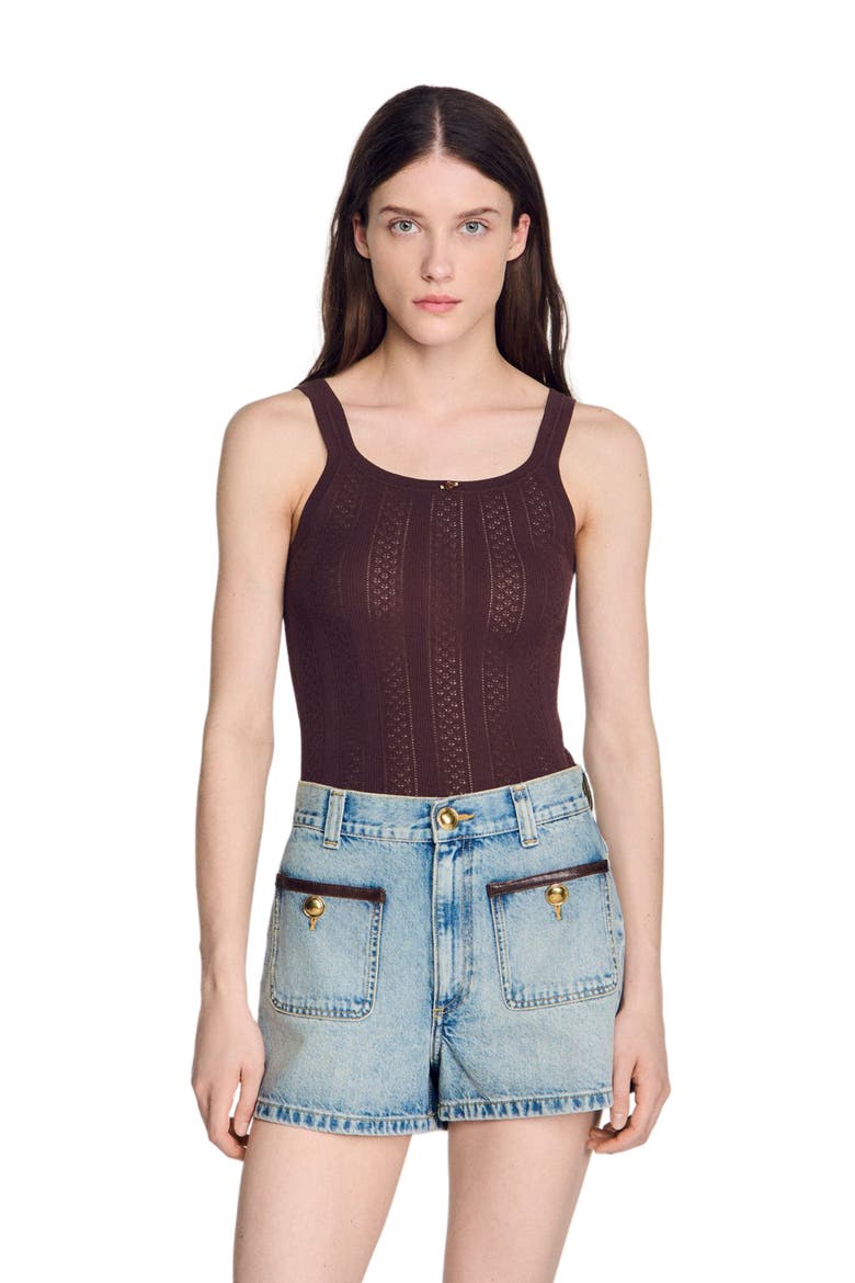 Pointelle knit vest top with bow, Alternate, color, Brown