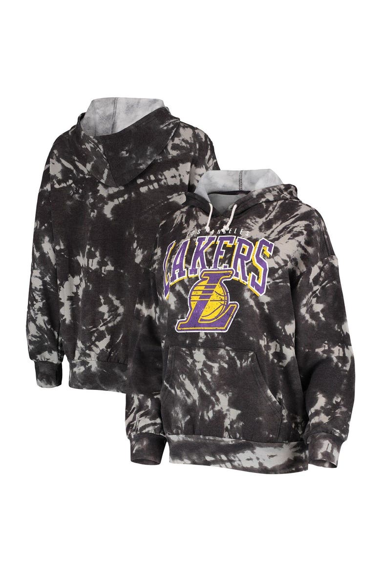 Women's Majestic Threads Black Los Angeles Lakers Burble Tie-Dye Tri-Blend Pullover Hoodie, Main, color, Black
