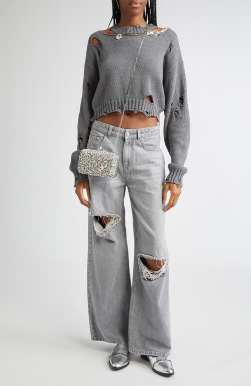 Area Distressed Crystal Organic Cotton & Cashmere Crewneck Sweater In Gray