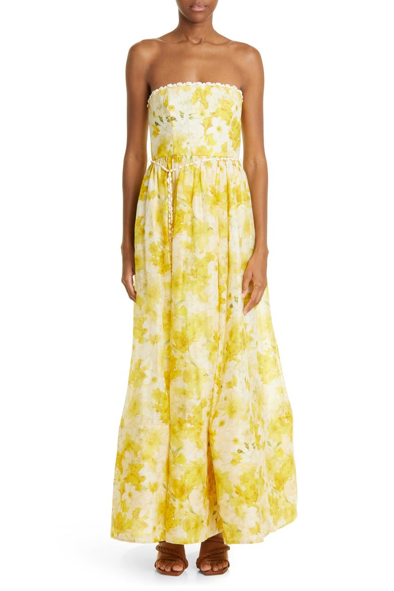 Wonderland Floral Strapless Linen & Silk Maxi Dress, Main, color, DAFFODIL PRINT