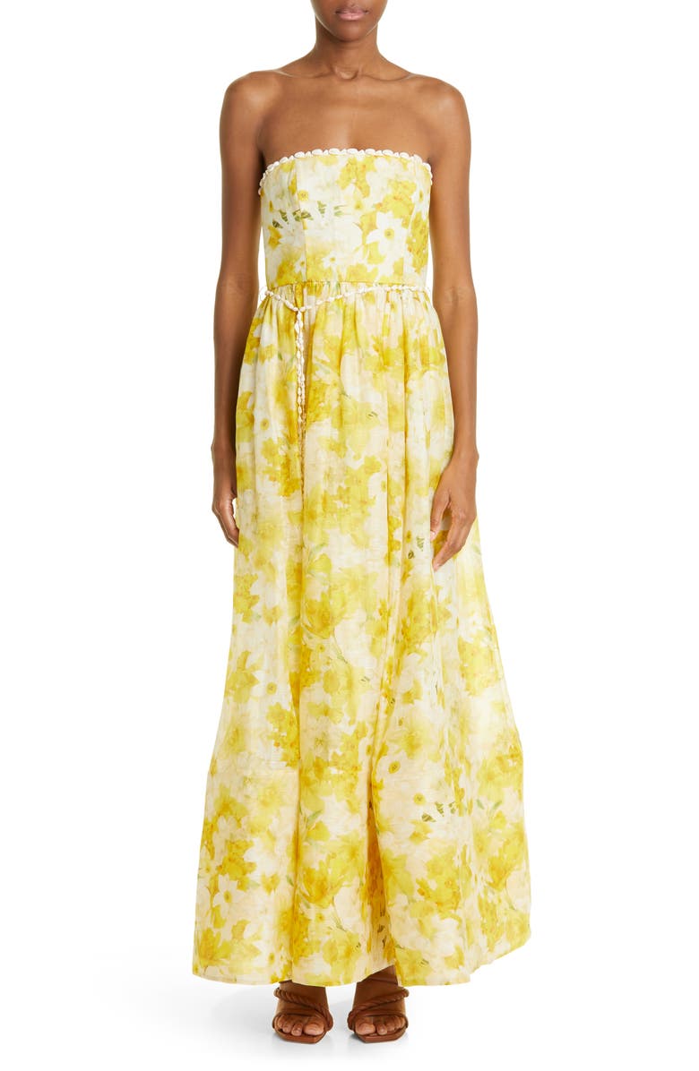 Zimmermann Wonderland Floral Strapless Linen & Silk Maxi Dress, Main, color, 