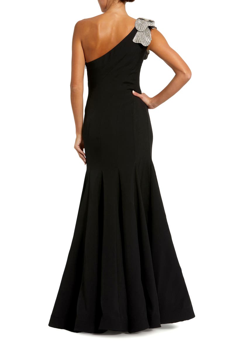 Women's Crepe One Shoulder Gown With Flower Detail, Alternate, color, BLACK