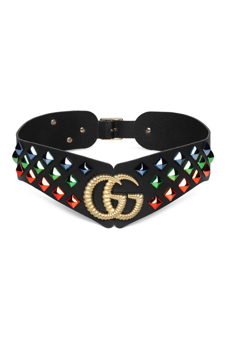 Double G Studded Leather Belt, Main, color, NERO/ MULTICOLOR