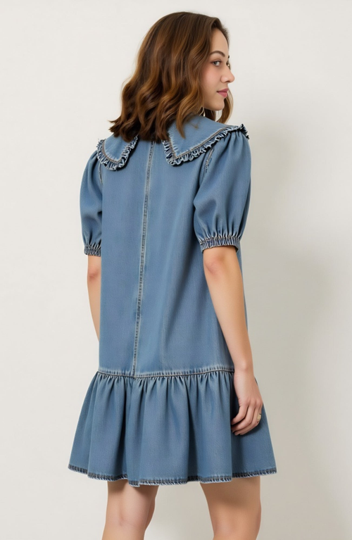 Modenaire Ruffled Collar Dress With Puff Sleeves And Tiered Hem In Blue