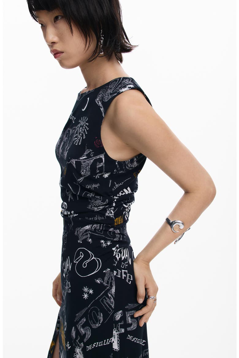 Slogan Print Asymmetric Hem Dress, Alternate, color, BLACK