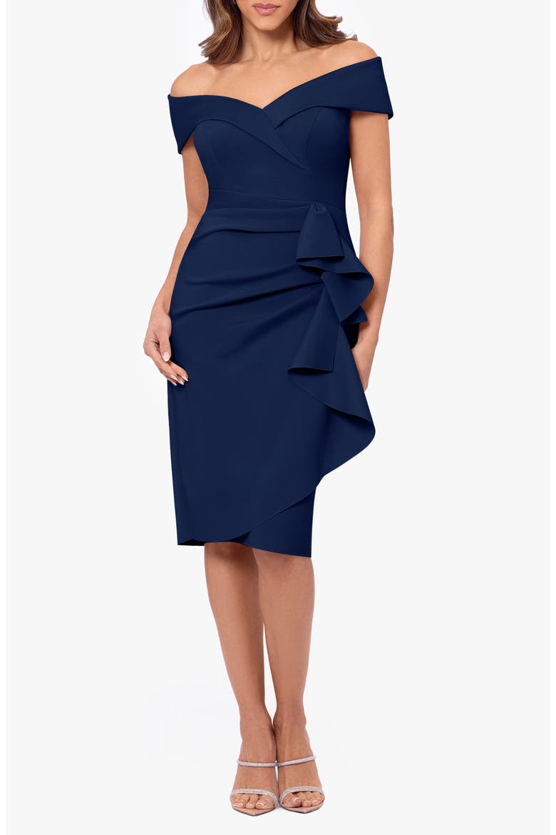 Ruffle Off the Shoulder Scuba Knit Cocktail Dress, Main, color, MIDNIGHT