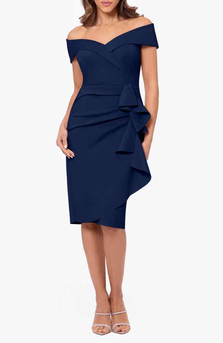 Xscape Evenings Ruffle Off the Shoulder Scuba Knit Cocktail Dress