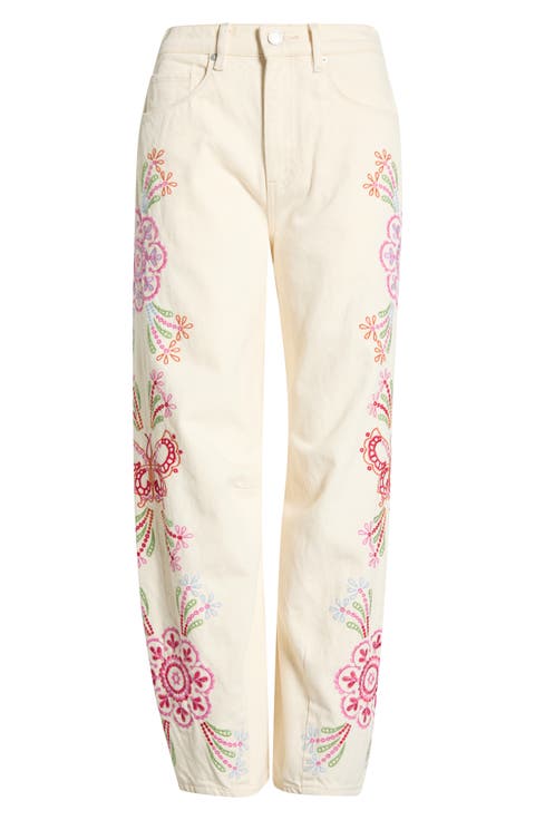 Floral Embroidery Barrel Leg Jeans (Spring Fling)