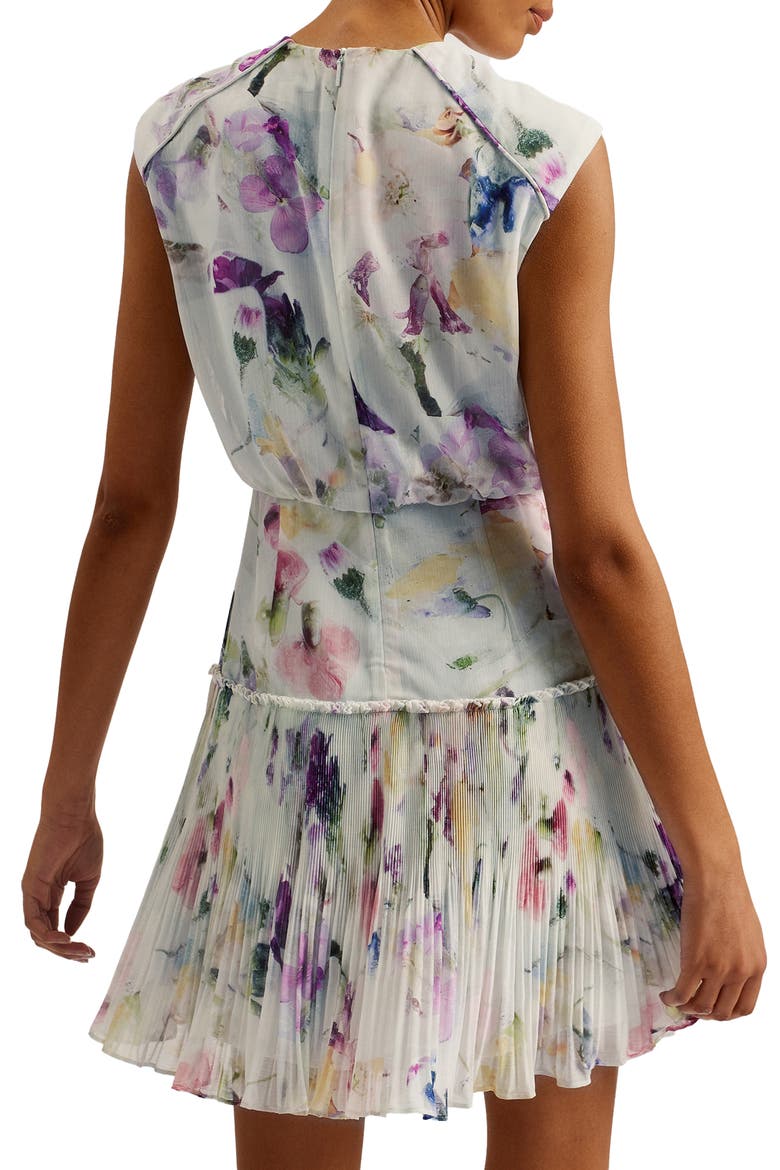 Saintly Floral Sleeveless Plissé Minidress, Alternate, color, WHITE