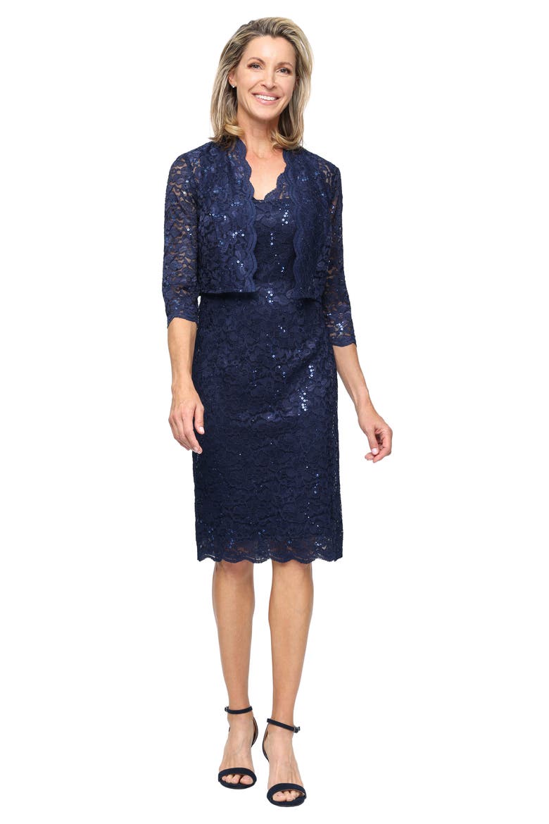 Lace Jacket and Sheath Dress Set, Alternate, color, NAVY
