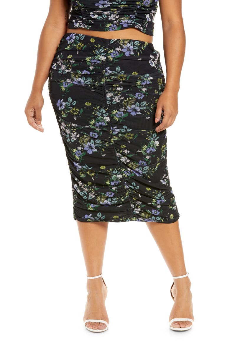 Venice Floral Ruched Powermesh Skirt, Main, color, SPRING NOIR BOUQUET