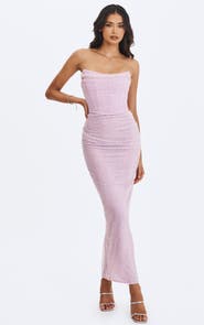 Miss Circle Raylee Beaded Mesh Strapless Sheath Maxi Dress
