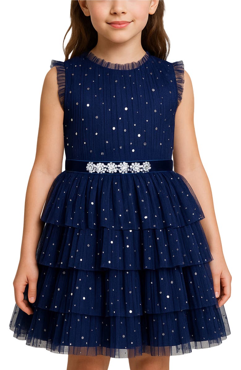 Zunie Kids' Mesh Bodice Tiered Dress, Alternate, color, Navy/ Silver