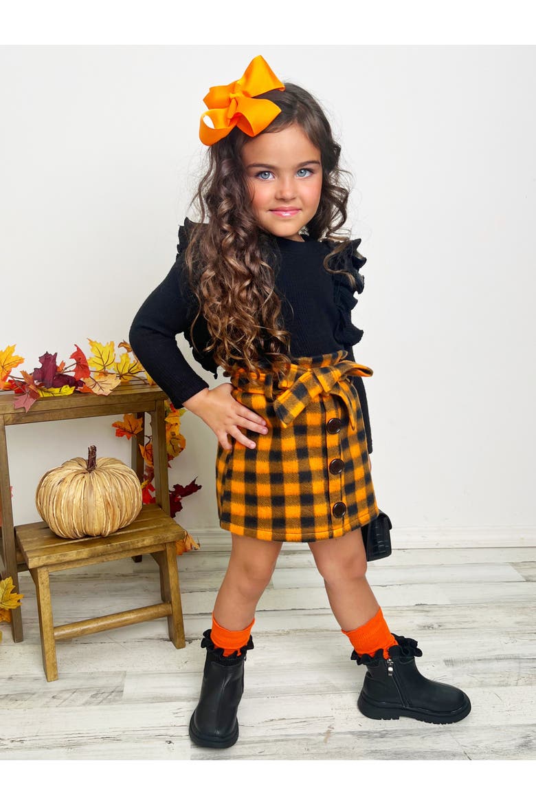 Feels Like Fall Ruffled Top and Checkered Skirt Set, Alternate, color, Orange