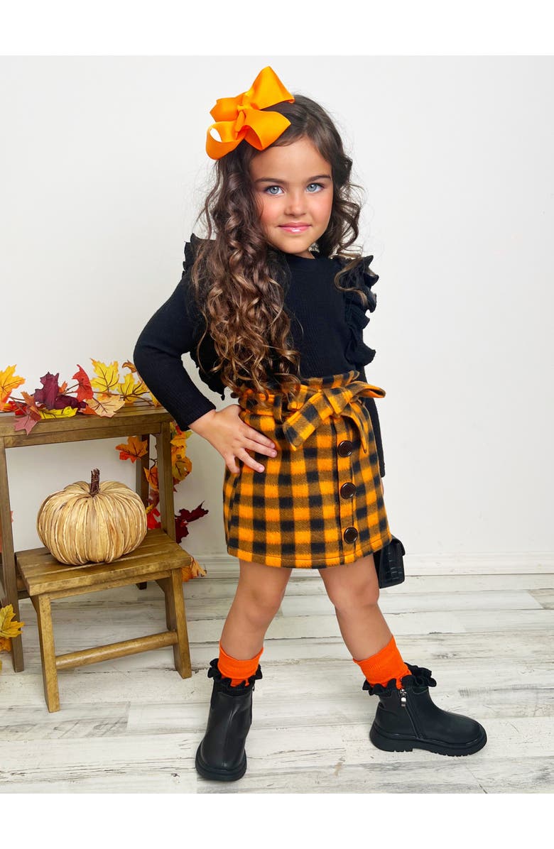 Mia Belle Girls Feels Like Fall Ruffled Top and Checkered Skirt Set, Alternate, color, Orange