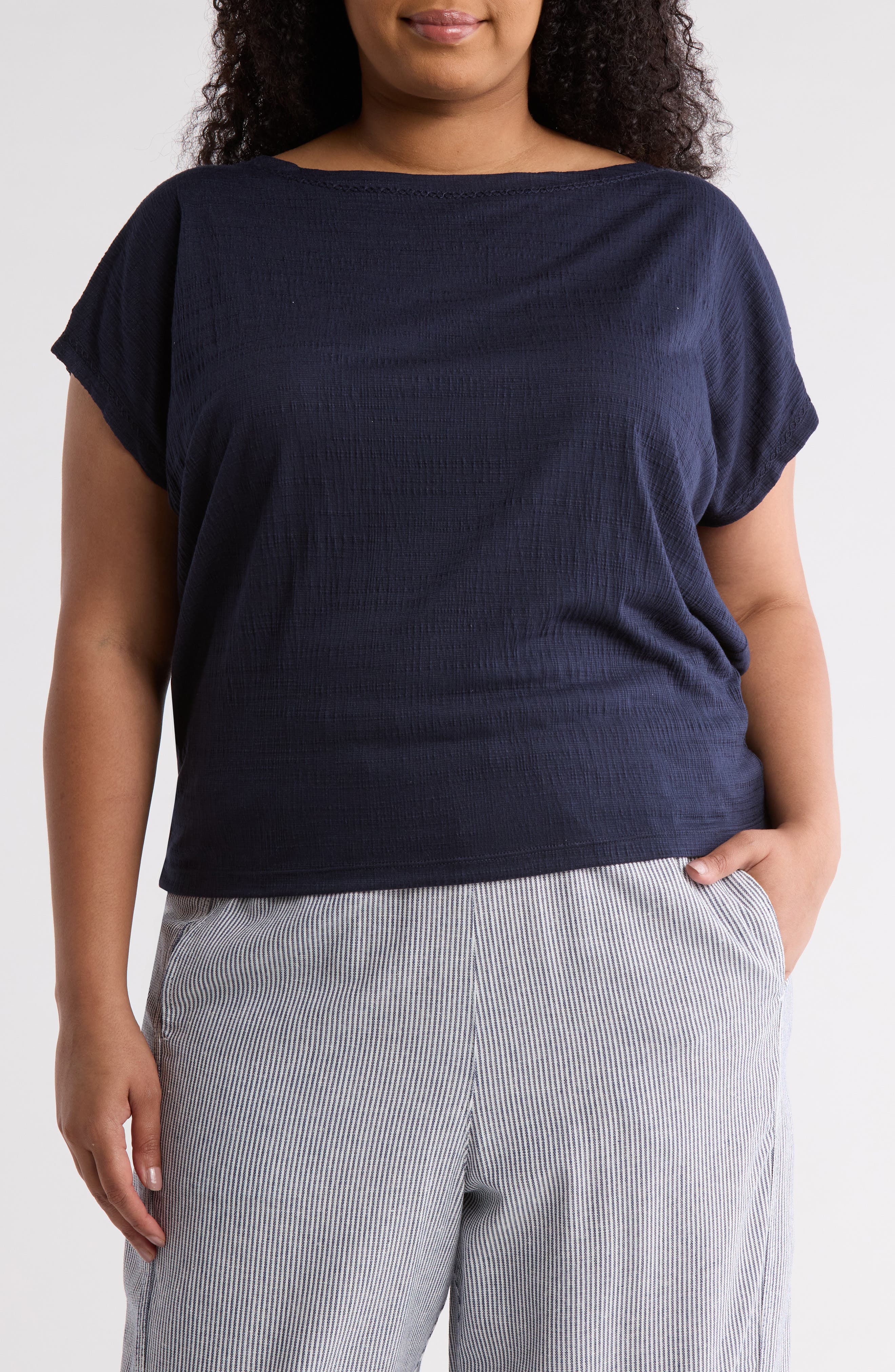 MAX STUDIO Embroidered Boat Neck Cap Sleeve T-Shirt