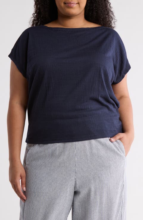 Embroidered Boat Neck Cap Sleeve T-Shirt (Plus)