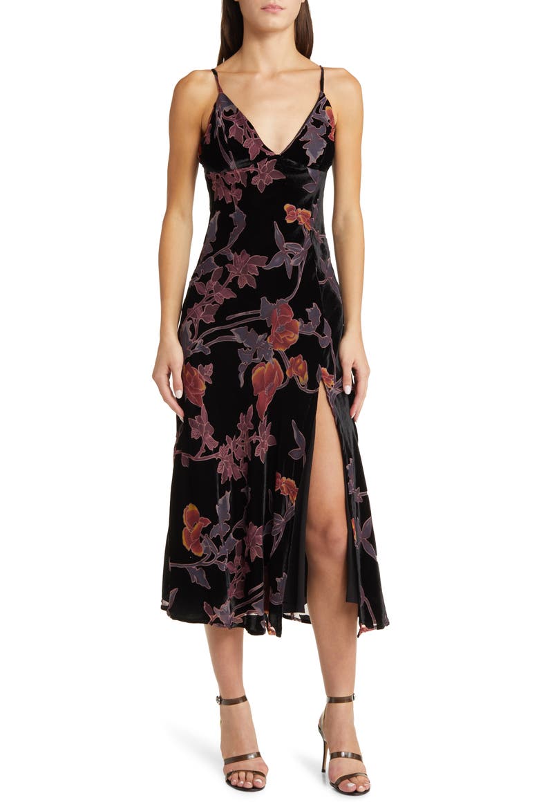 Divine Allure Floral Velvet Burnout Cocktail Midi Dress, Main, color, BLACK FLORAL