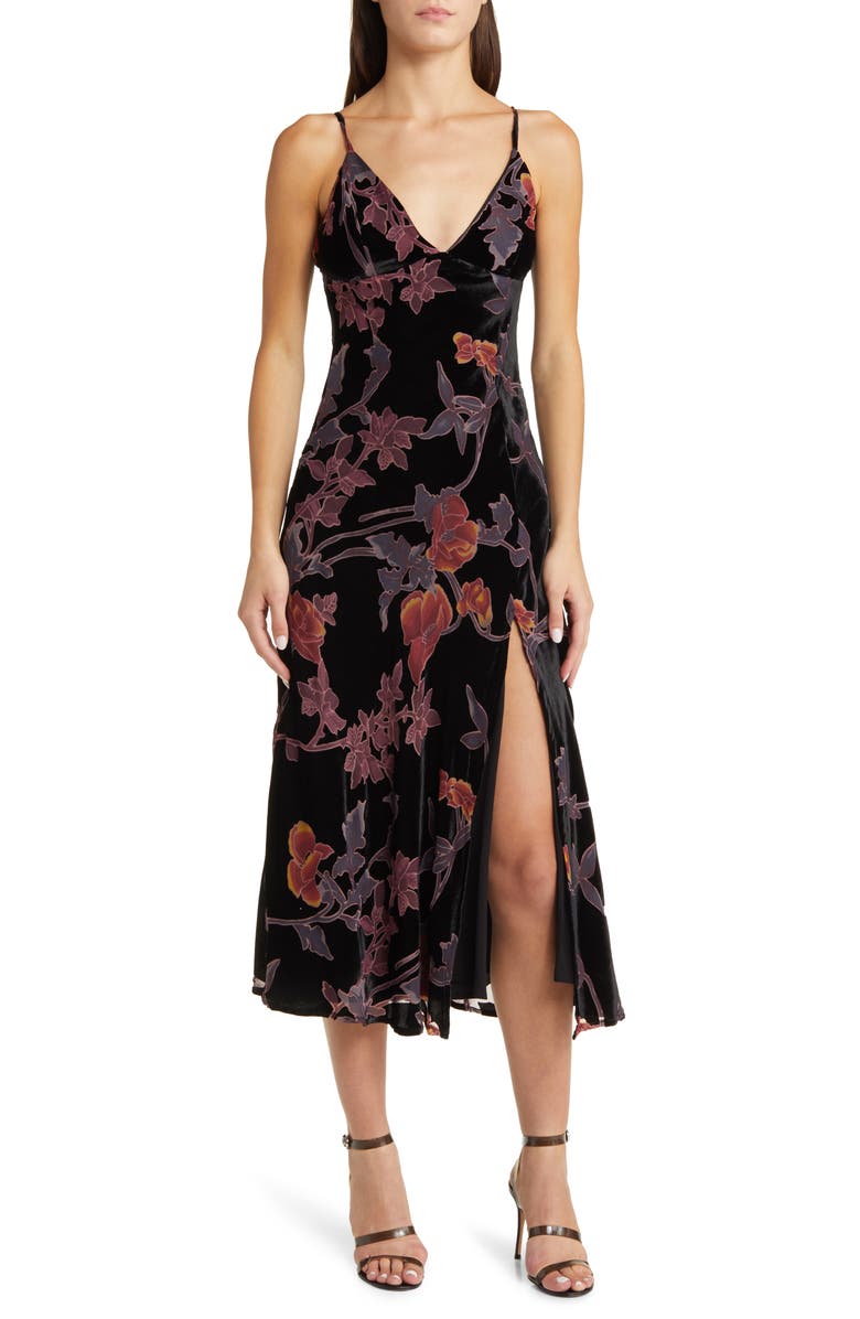 Lulus Divine Allure Floral Velvet Burnout Cocktail Midi Dress, Main, color, 