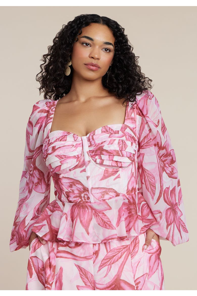 Patbo X Eloquii Puff Sleeve Peplum Top, Alternate, color, SAFFRON BLOOMS