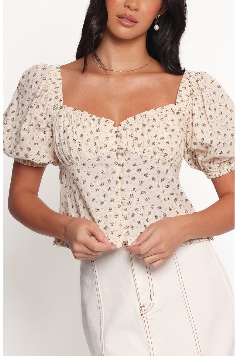 Maud Floral Puff Sleeve Button Front Top, Main, color, CREAM BROWN FLORAL