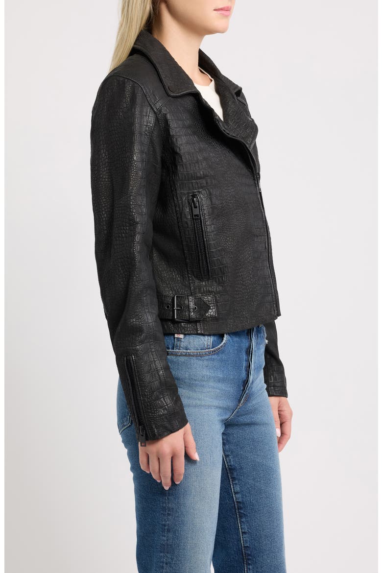 Dilah Croc Embossed Leather Biker Jacket, Alternate, color, BLACK