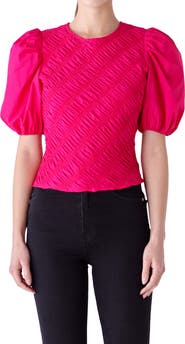 English Factory Asymmetric Shirred Puff Sleeve Top