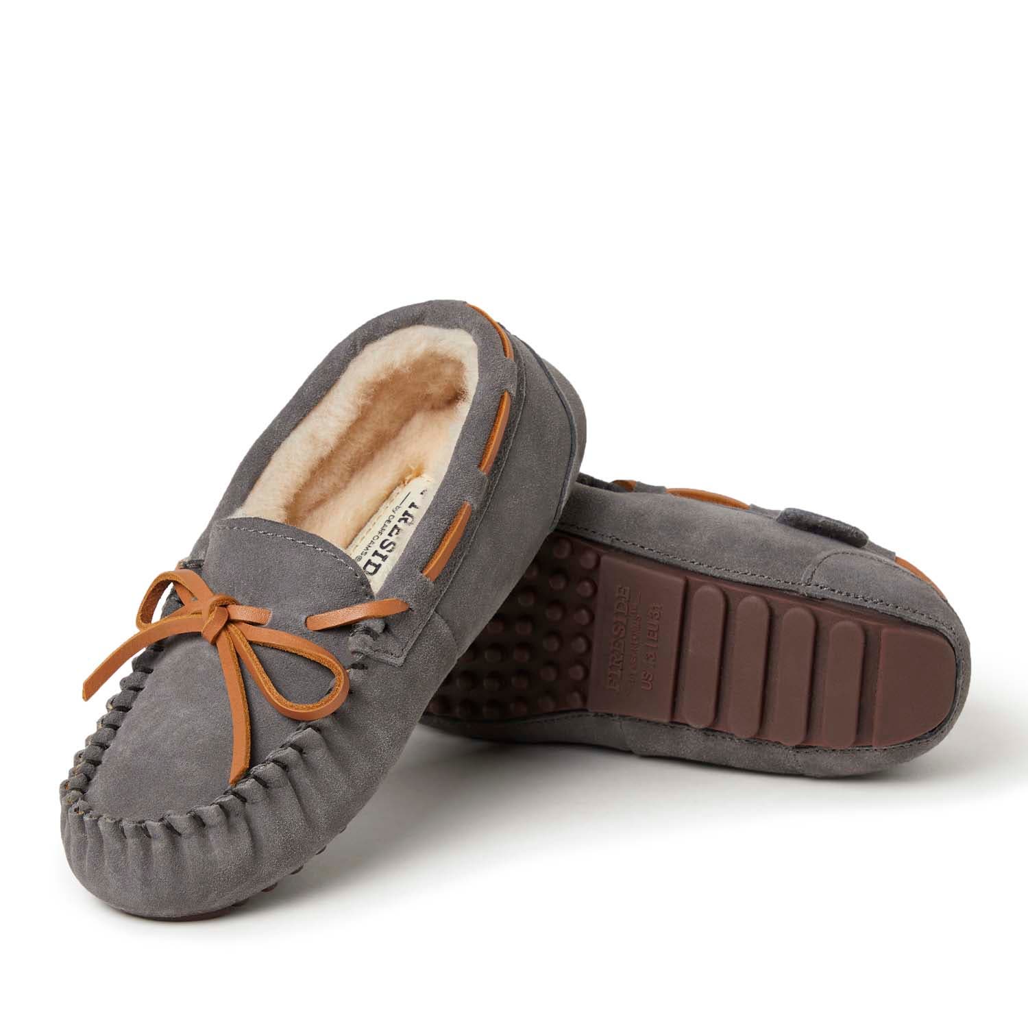 DEARFOAMS Kids' Fireside Parke Genuine Shearling Moccasin Slipper, Alternate, color, Grey