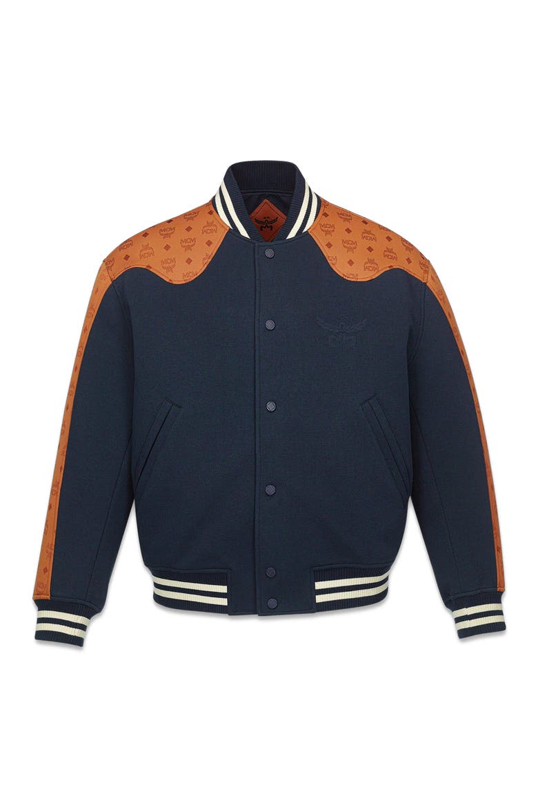Ponte Varsity Jacket in Monogram Neoprene Jacquard, Main, color, Blue