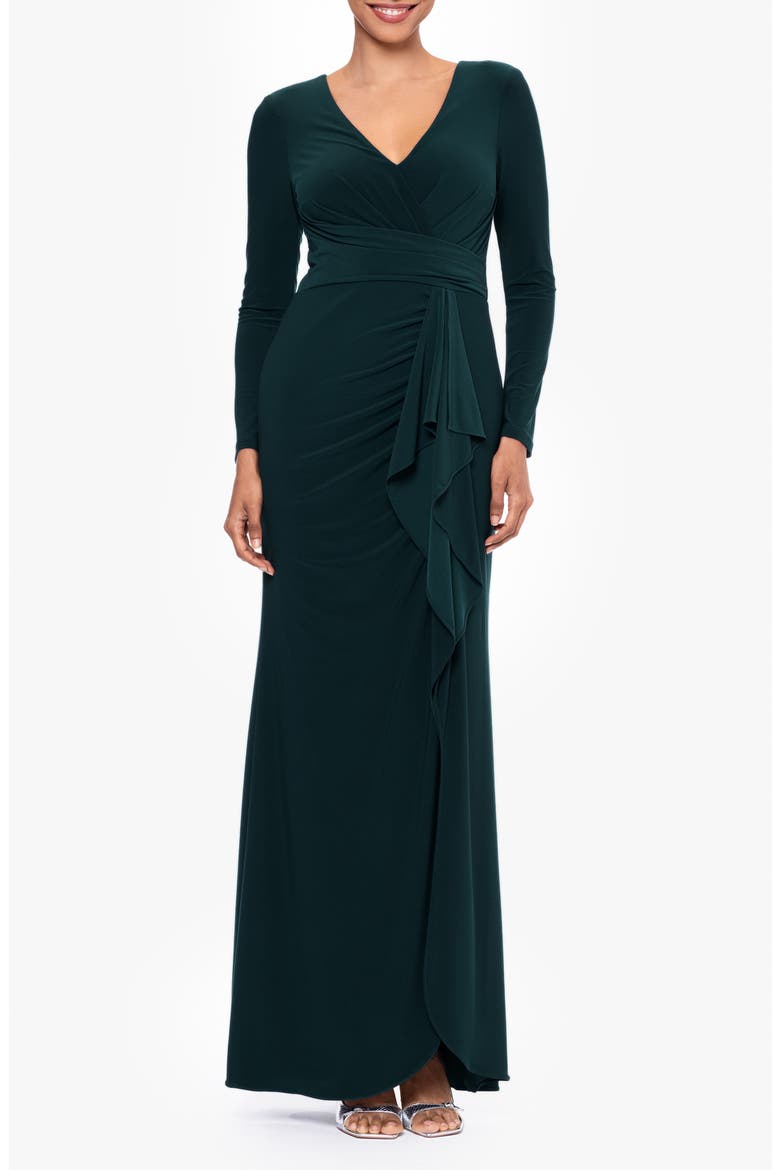 Cascade Ruffle Long Sleeve Stretch Jersey Gown, Main, color, PINE