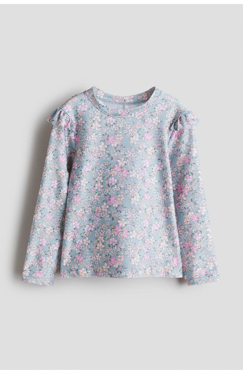 H&M Upf 50 Frill-trimmed Swim Top, Main, color, Light Turquoise/Floral