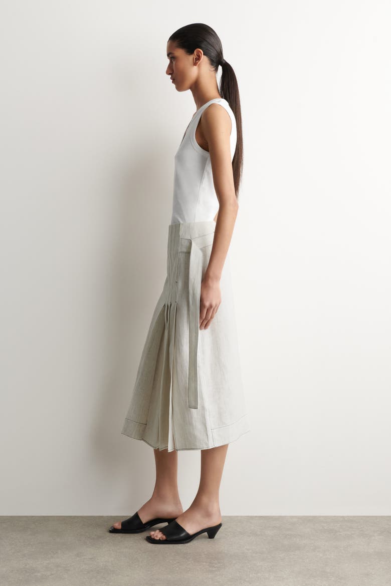 Belted Pleated Linen Midi Skirt, Alternate, color, LIGHT GRAY