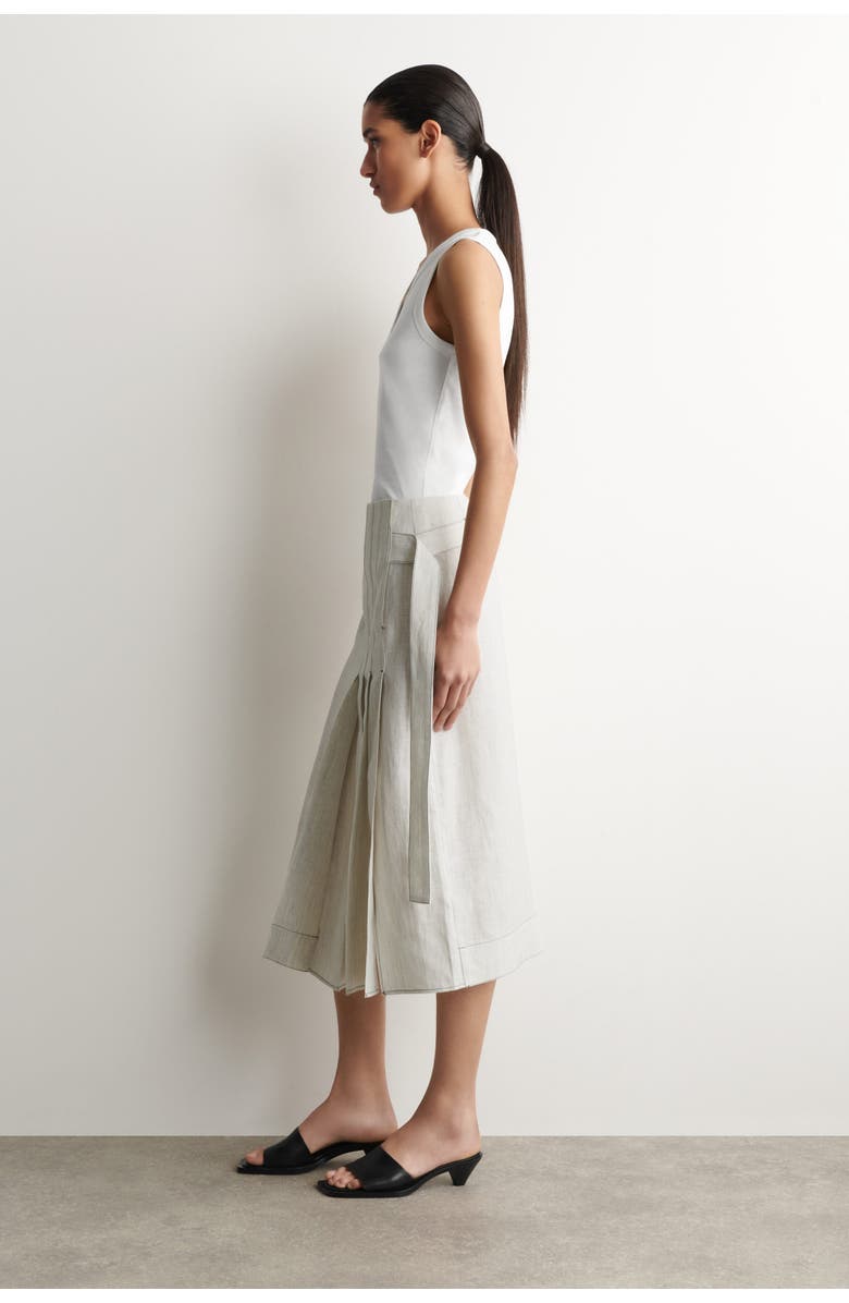 COS Belted Pleated Linen Midi Skirt, Alternate, color, Light Gray