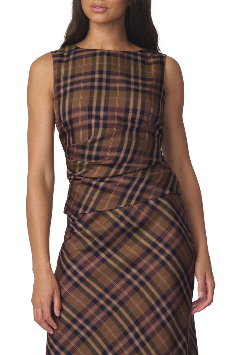 The Meg Ruched Sleeveless Top, Main, color, CAMEL PLAID