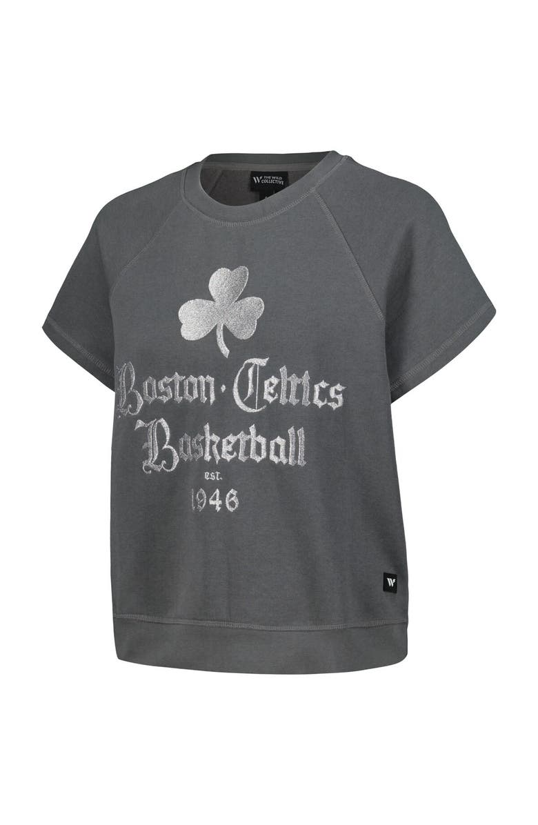 THE WILD COLLECTIVE Women's The Wild Collective Gray Boston Celtics Embroidered Fleece Raglan Short Sleeve Pullover Sweatshirt, Alternate, color, Gray