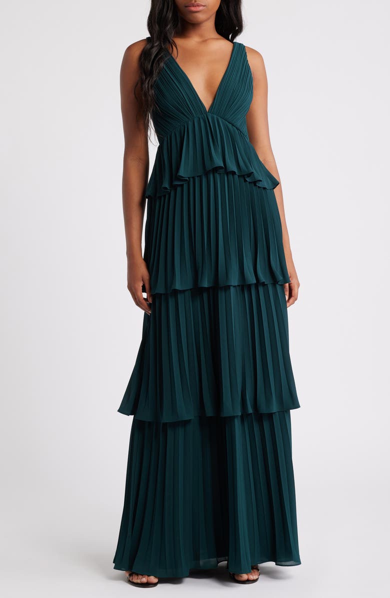 Lulus Tiered Gown Pleated, Main, color, Emerald Green