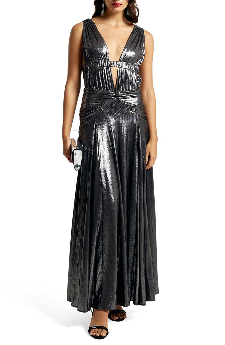 River Island Metallic Plunge Neck Maxi Dress, Main, color, 